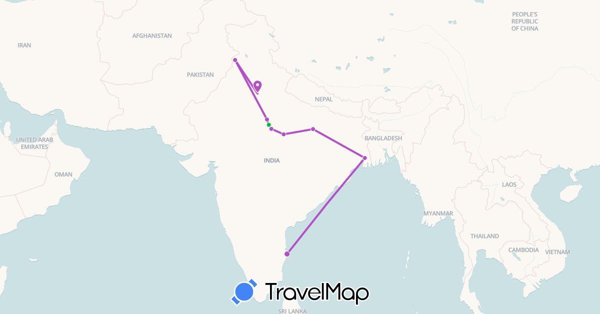 TravelMap itinerary: bus, train in India (Asia)
