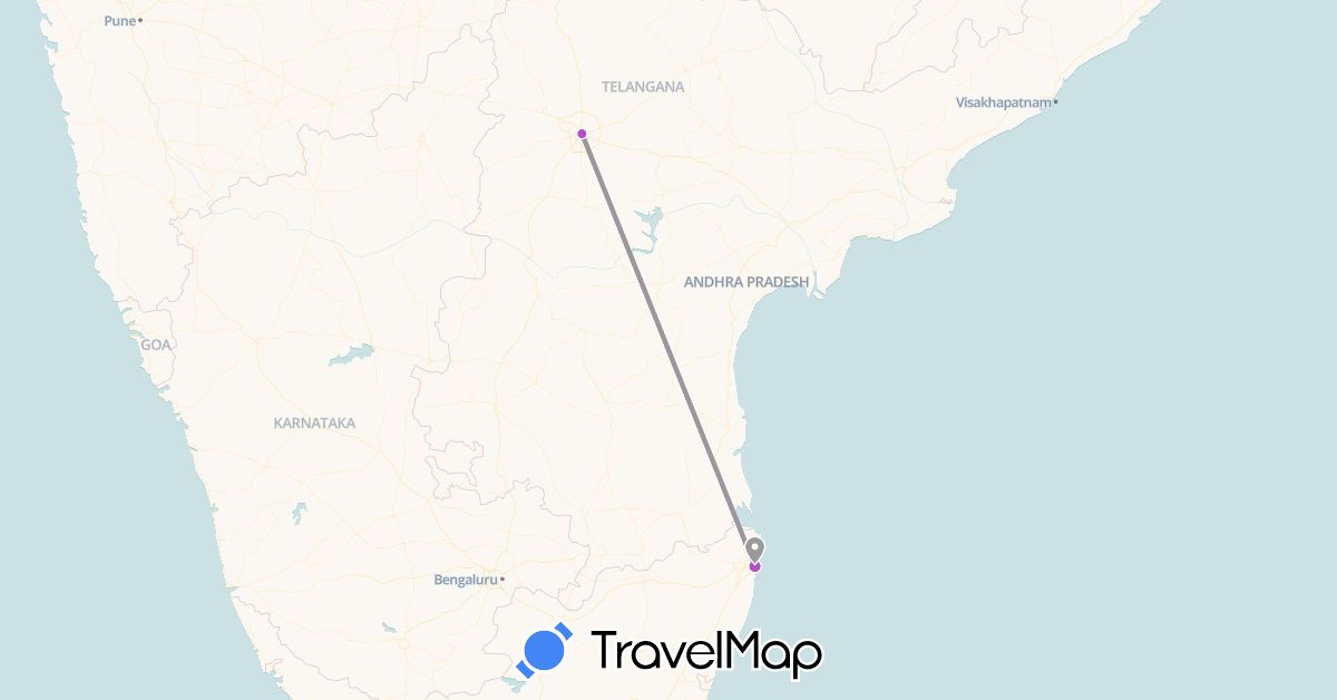 TravelMap itinerary: plane, train in India (Asia)