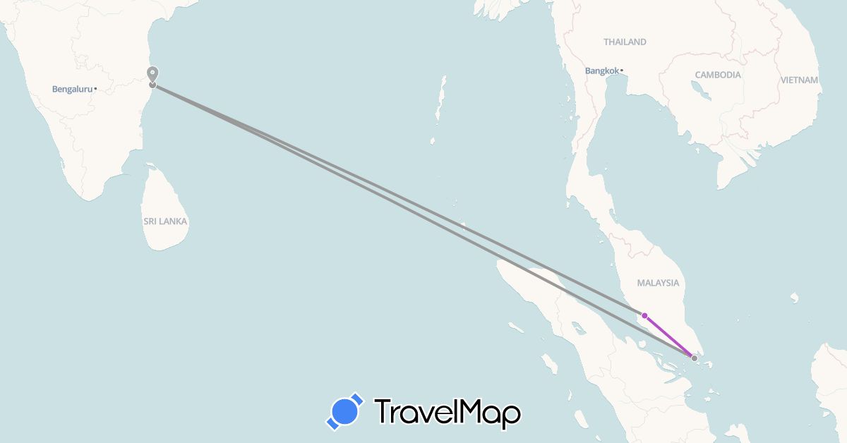 TravelMap itinerary: driving, plane, train in India, Malaysia, Singapore (Asia)